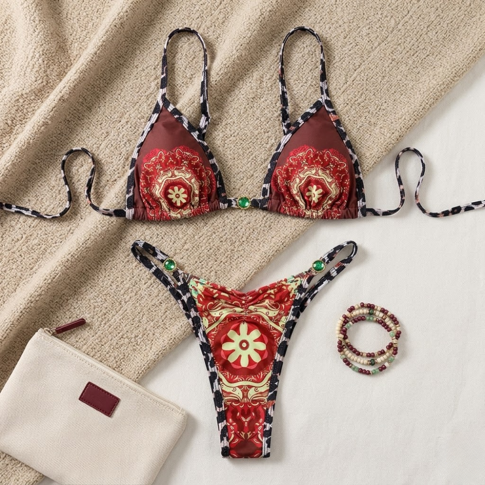 Printed Cut Out Triangle Bikini Set for Women – Adjustable Halter Neck Tie Side Two Piece Swimwear