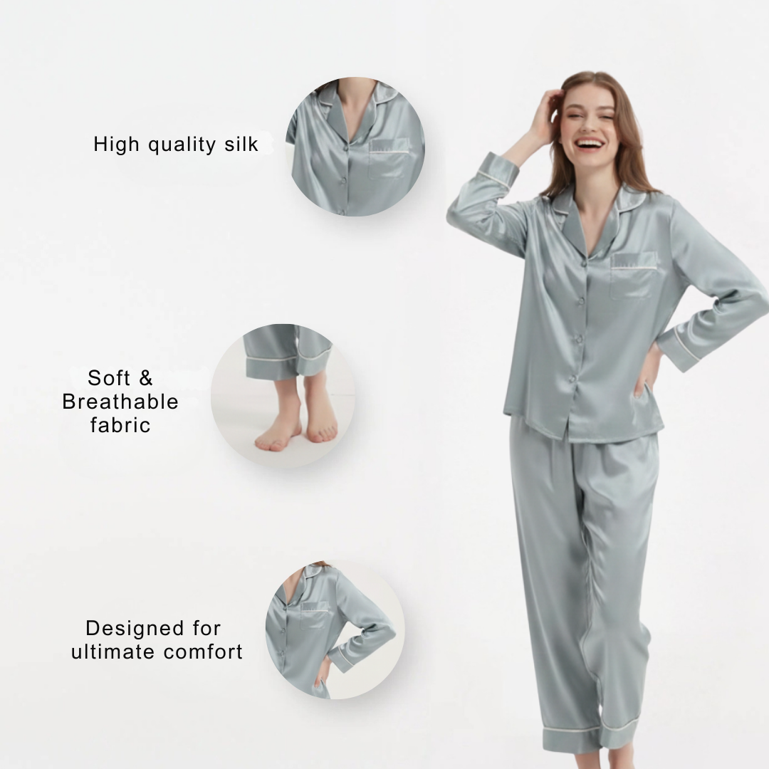 Seiden-Nachtwäsche Gestreiftes Langarm Zweiteiler Set für Damen | Zweiteilig