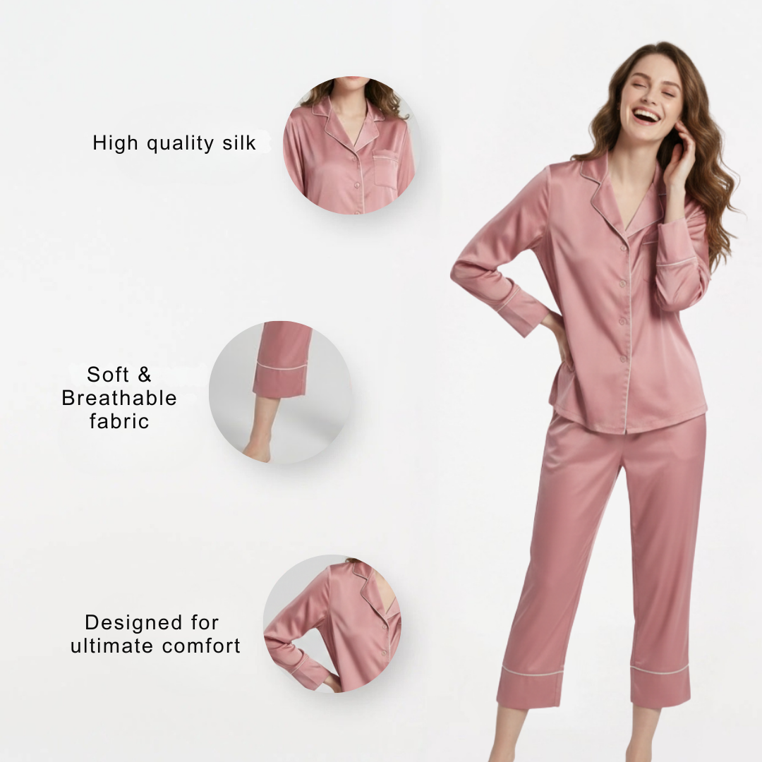 Seiden-Nachtwäsche Pyjama Set für Damen | Langarm Zweiteilig mit Knöpfen