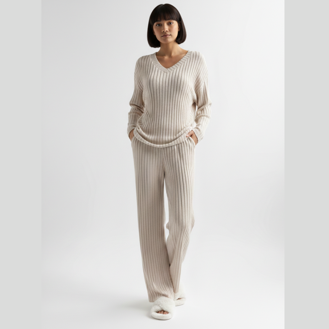 Pyjamas für Damen | Geripptes Langarm Set
