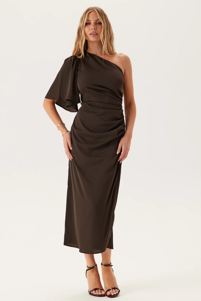 Ruched One Shoulder Midi Dress for Women – Evening Occasion Dress with Puff Sleeve