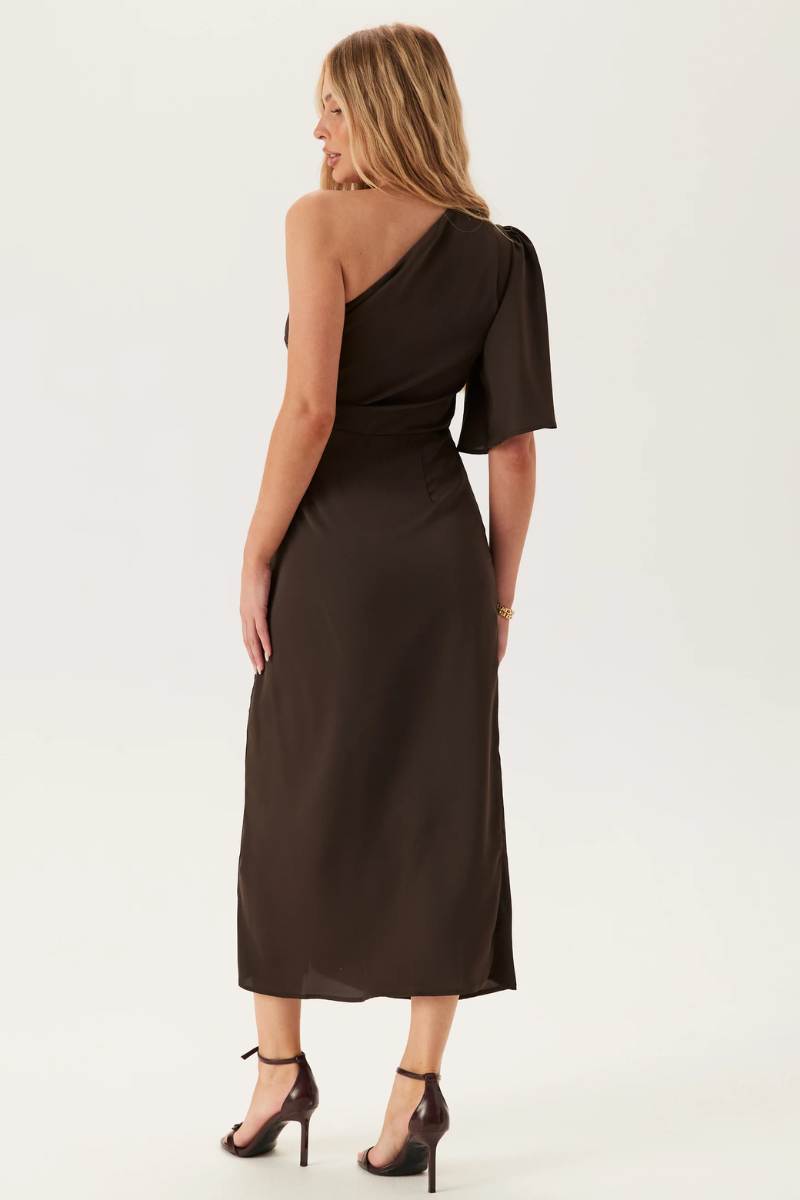 Ruched One Shoulder Midi Dress for Women – Evening Occasion Dress with Puff Sleeve