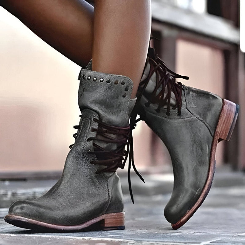 Lace-up boots for women | Calf height low heel vintage style