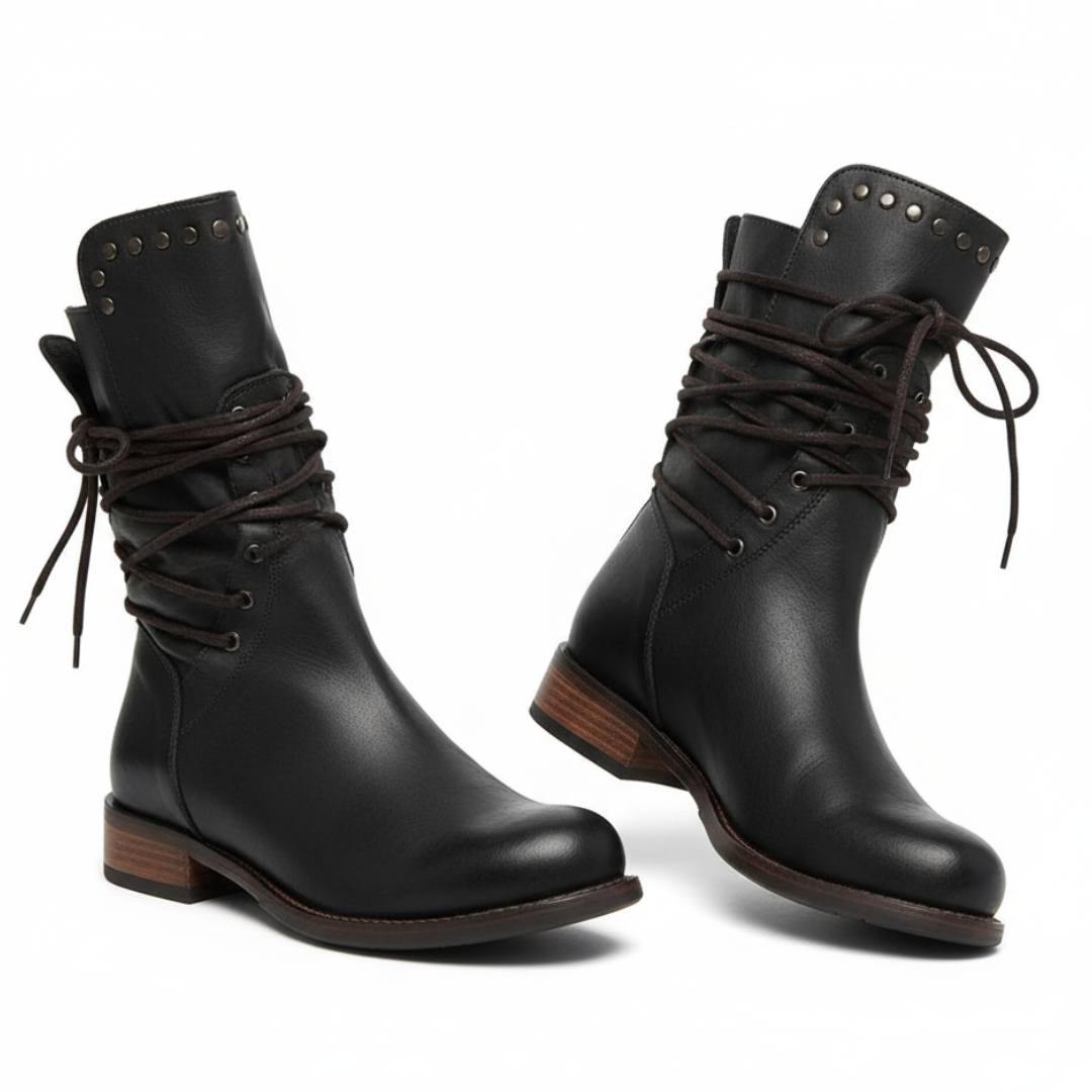 Lace-up boots for women | Calf height low heel vintage style