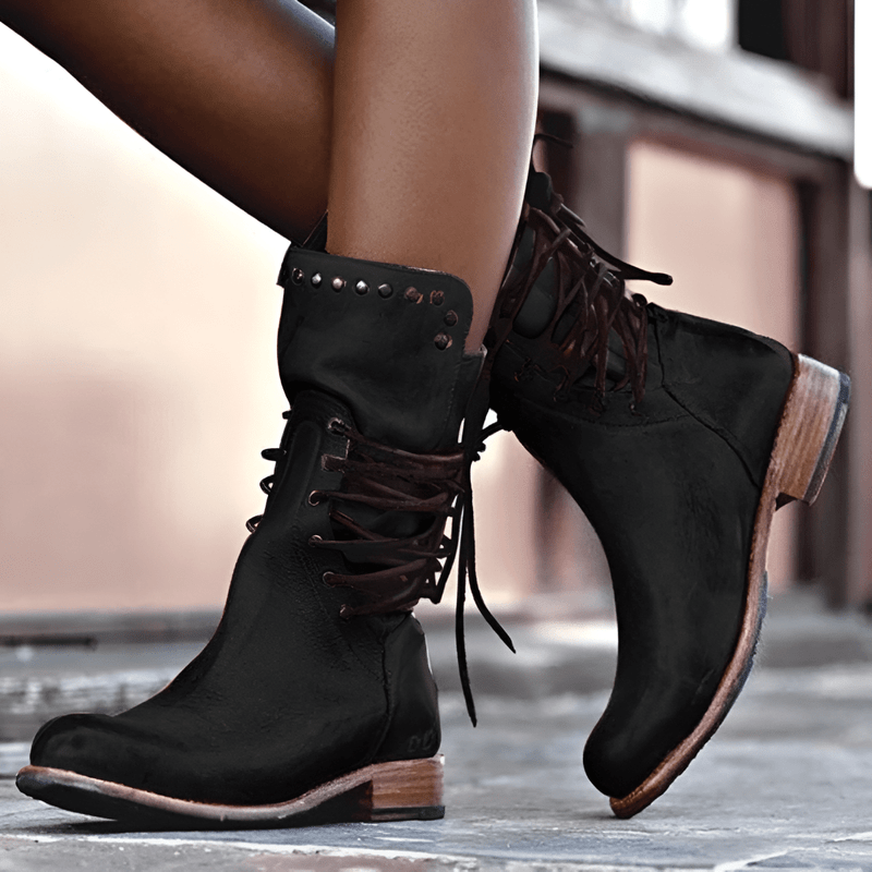 Lace-up boots for women | Calf height low heel vintage style