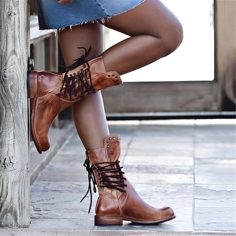 Lace-up boots for women | Calf height low heel vintage style