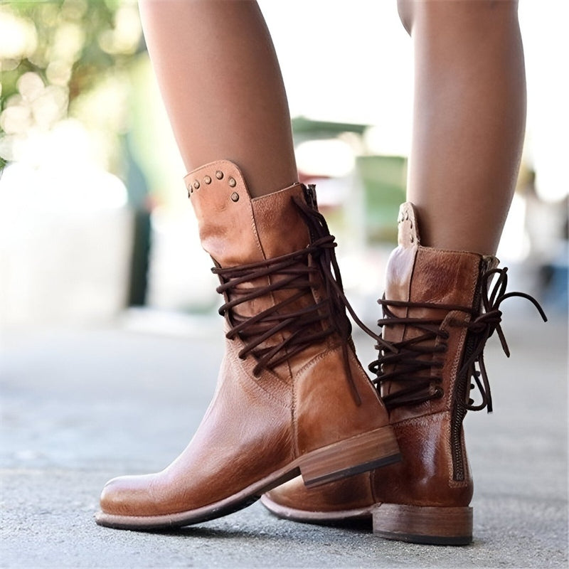 Lace-up boots for women | Calf height low heel vintage style