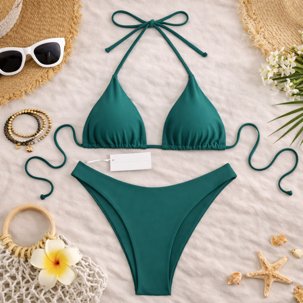 Triangle Bikini Set for Women – Adjustable Halter Neck Tie Side Two Piece Swimwear