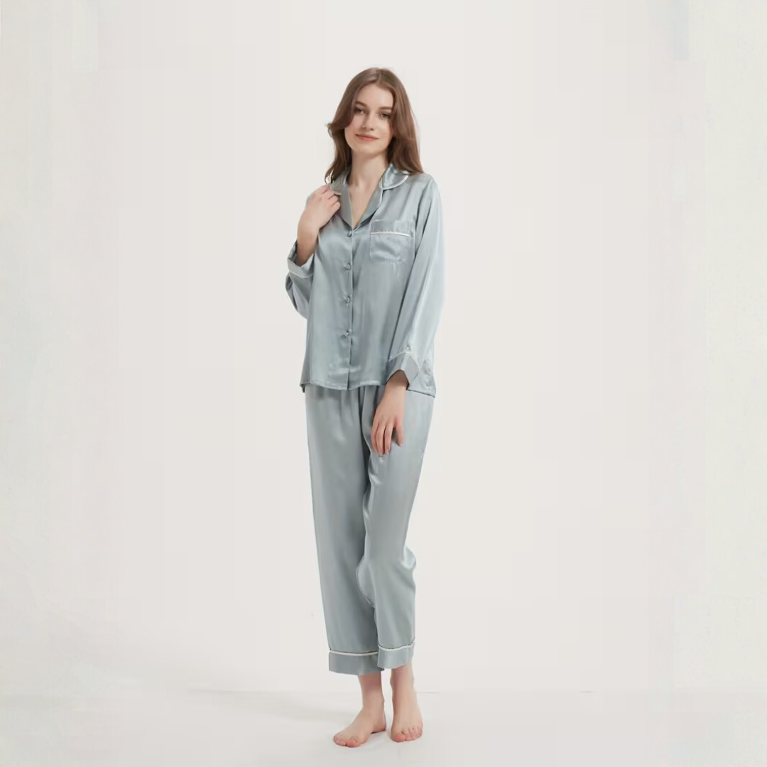 Seiden-Nachtwäsche Gestreiftes Langarm Zweiteiler Set für Damen | Zweiteilig