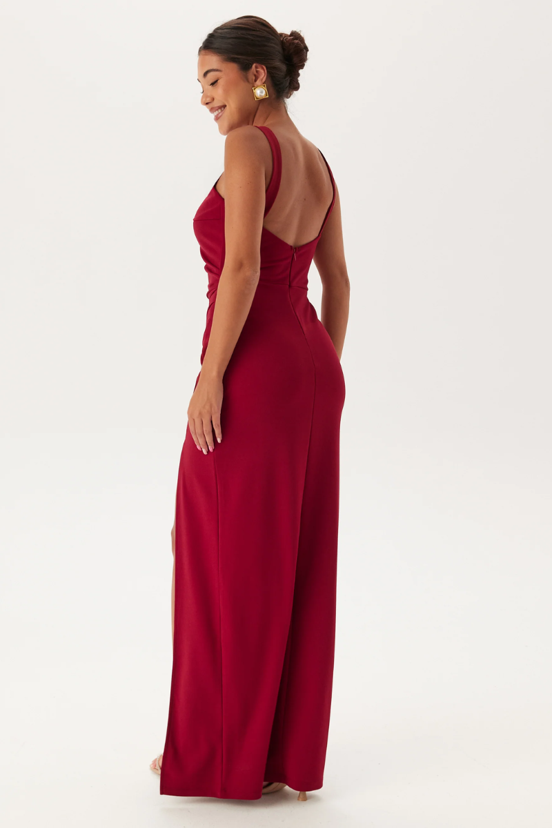 Square Neck Slit Maxi Dress for Women –  Evening & Wedding Guest Dress with Stretch Jersey