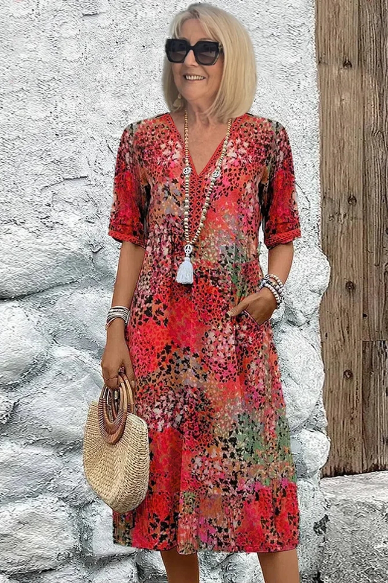 V-Neck Printed Knee Length Summer Dress for Women – Casual Loose Fit Day Dress with Pockets
