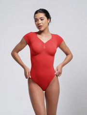 Seamless V Neck Bodysuit for Women – Short Sleeve T Shirt Style Stretch Body