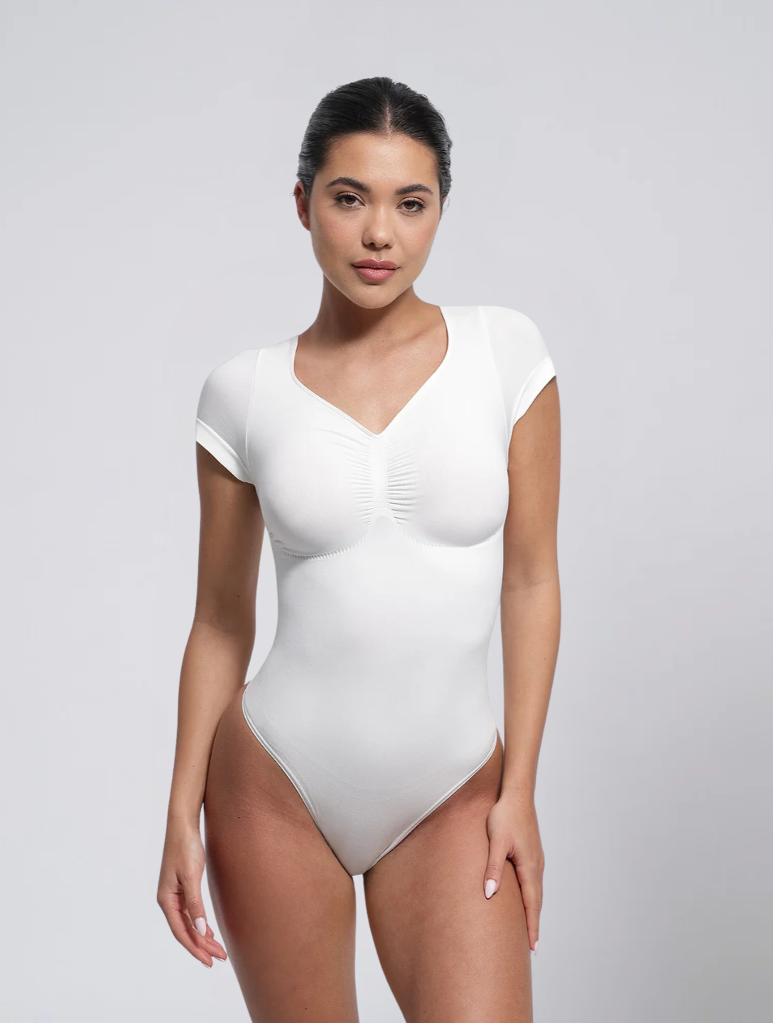 Seamless V Neck Bodysuit for Women – Short Sleeve T Shirt Style Stretch Body