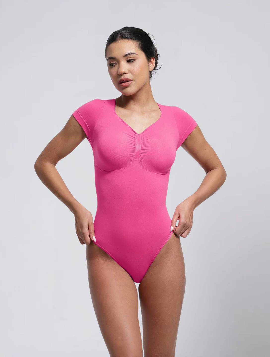 Seamless V Neck Bodysuit for Women – Short Sleeve T Shirt Style Stretch Body