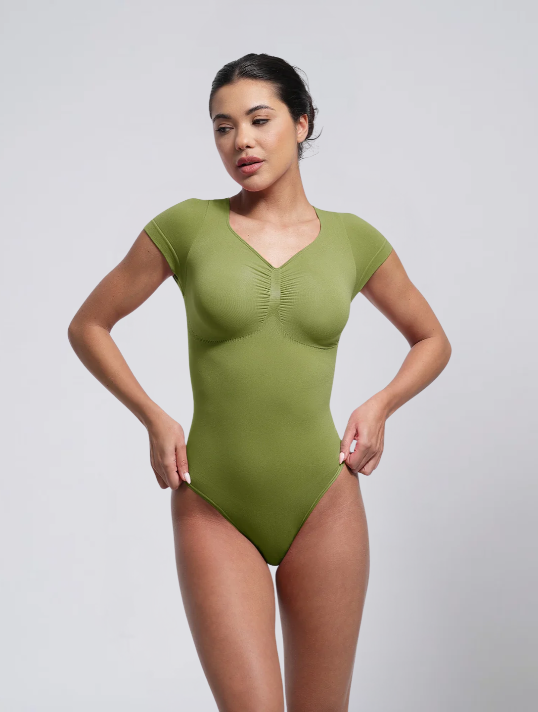 Seamless V Neck Bodysuit for Women – Short Sleeve T Shirt Style Stretch Body