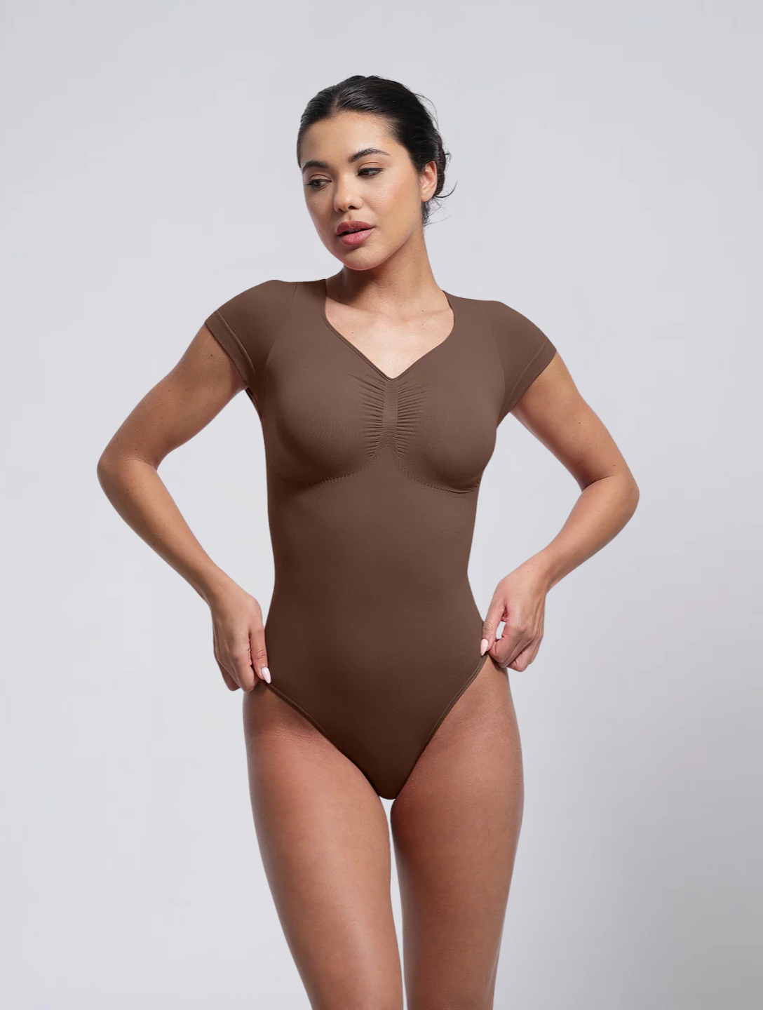 Seamless V Neck Bodysuit for Women – Short Sleeve T Shirt Style Stretch Body