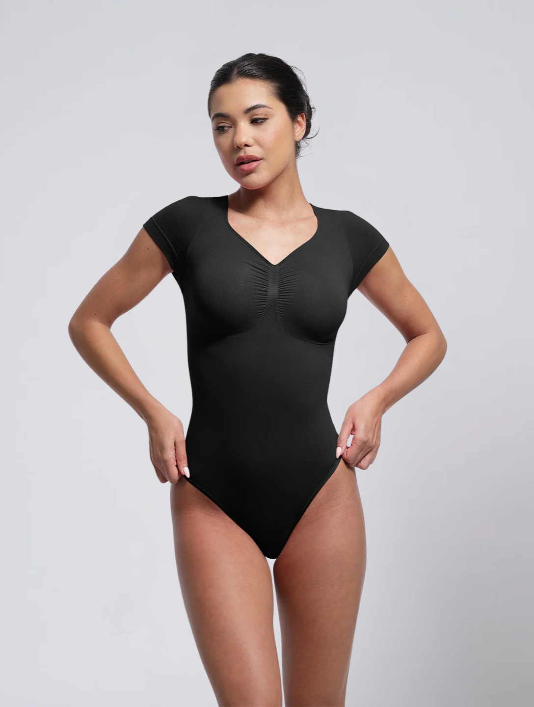 Seamless V Neck Bodysuit for Women – Short Sleeve T Shirt Style Stretch Body