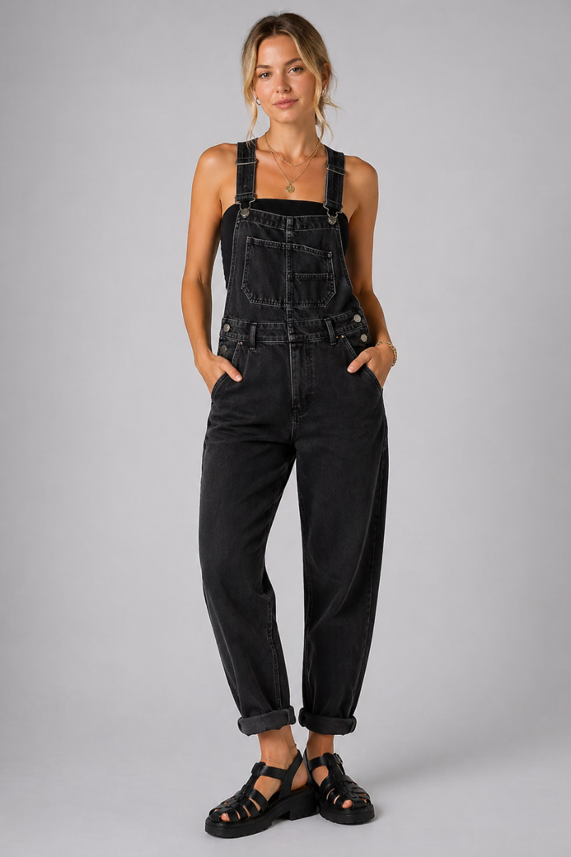 Women's Denim Overalls - Loose Fit Bib Jumpsuit with Tapered Leg