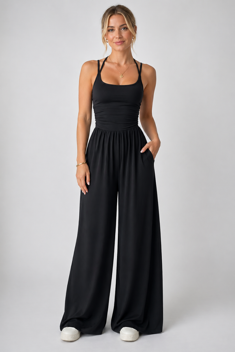 Women’s Halter Neck Backless Jumpsuit – Pleated Casual Wide Leg Cami Jumpsuit