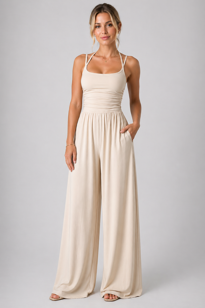 Women’s Halter Neck Backless Jumpsuit – Pleated Casual Wide Leg Cami Jumpsuit