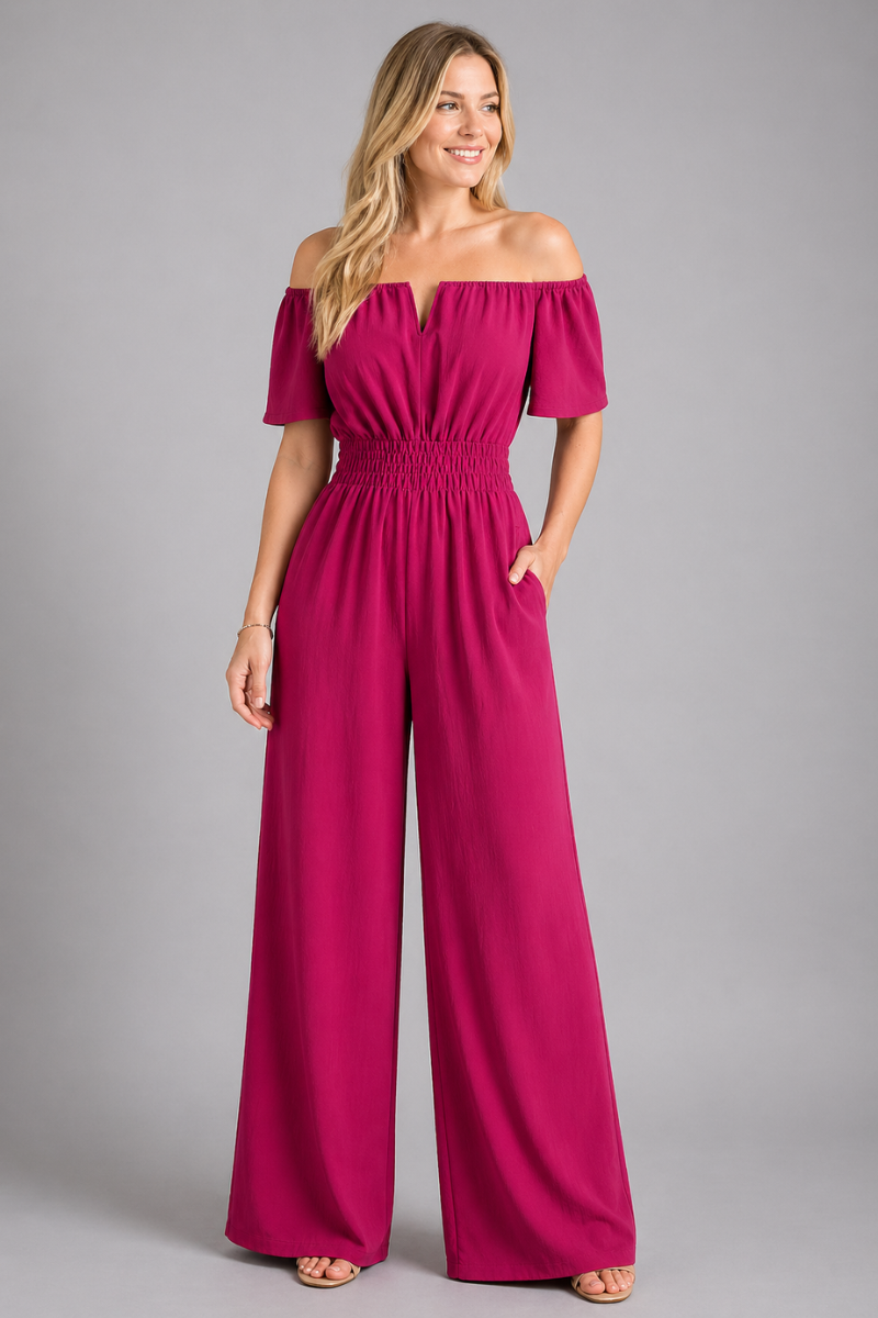 Women's Off Shoulder Short Sleeve Shirred Waist Jumpsuit Wide Leg One-Piece Outfit