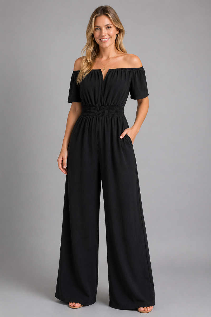 Women's Off Shoulder Short Sleeve Shirred Waist Jumpsuit Wide Leg One-Piece Outfit