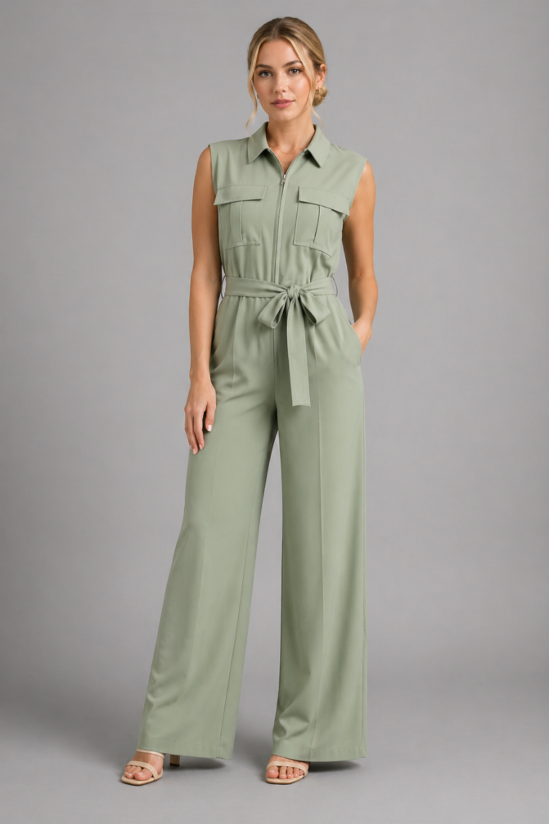 Women's Sleeveless Wide Leg Jumpsuit Collared Zip Front One-Piece Outfit with Pockets