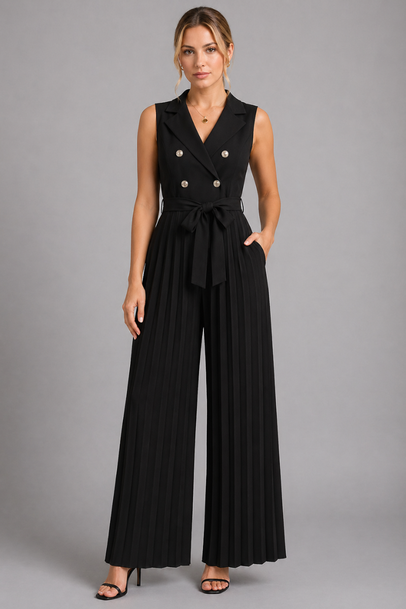Women's V Neck Sleeveless Pleated Wide Leg Jumpsuit Work One-Piece Outfit