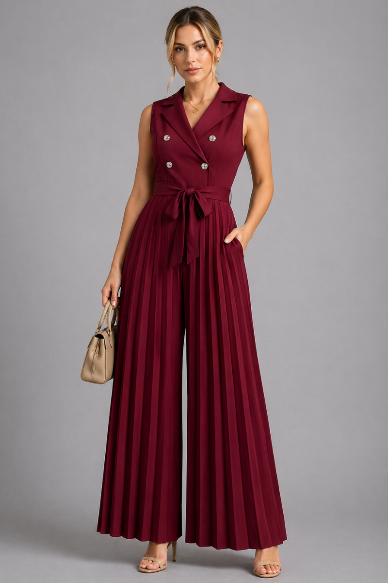 Women's V Neck Sleeveless Pleated Wide Leg Jumpsuit Work One-Piece Outfit