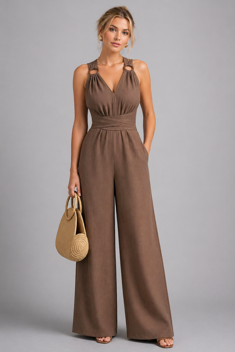 Women's V Neck Tie Waist Wide Leg Jumpsuit One-Piece Summer Outfit