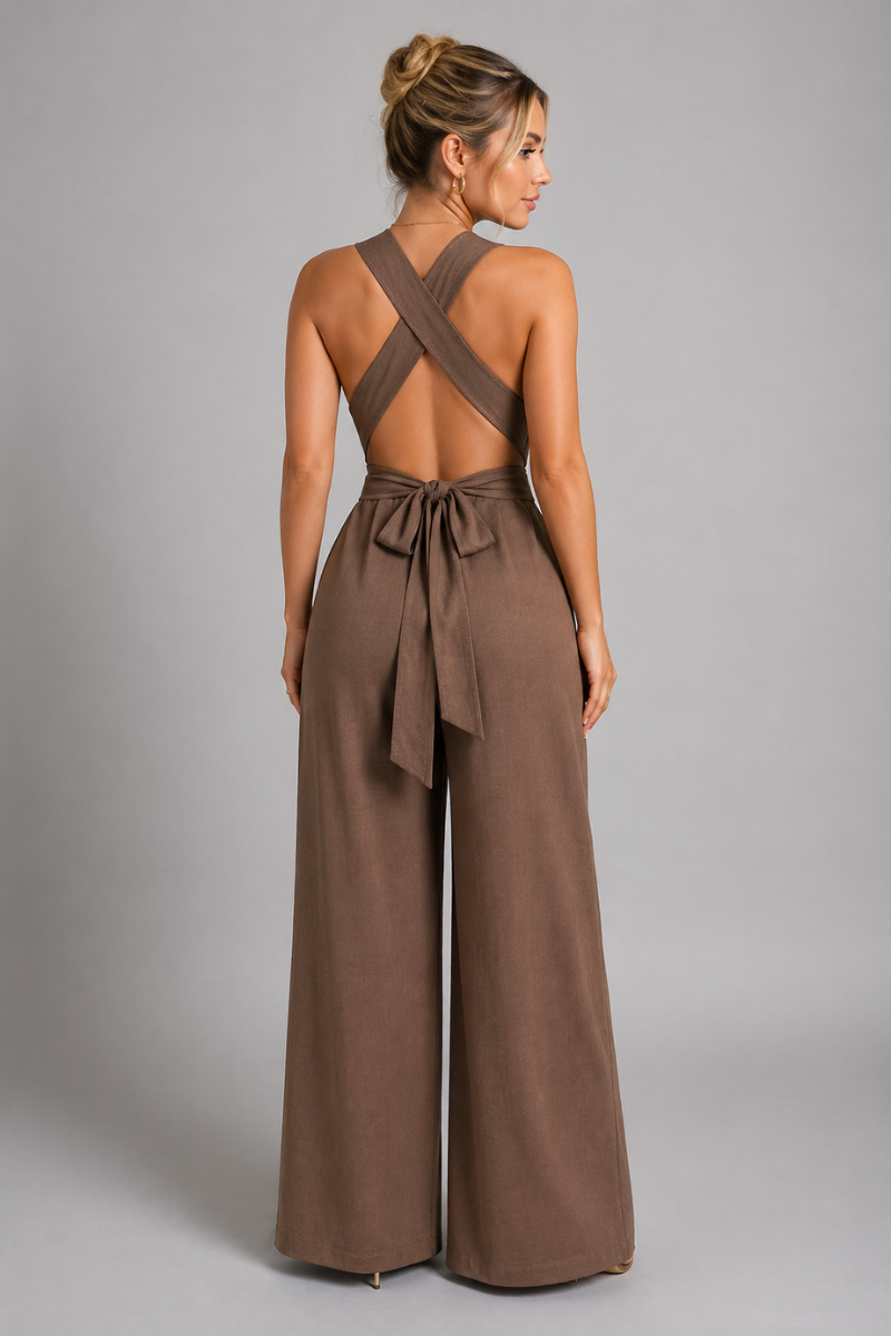 Women's V Neck Tie Waist Wide Leg Jumpsuit One-Piece Summer Outfit